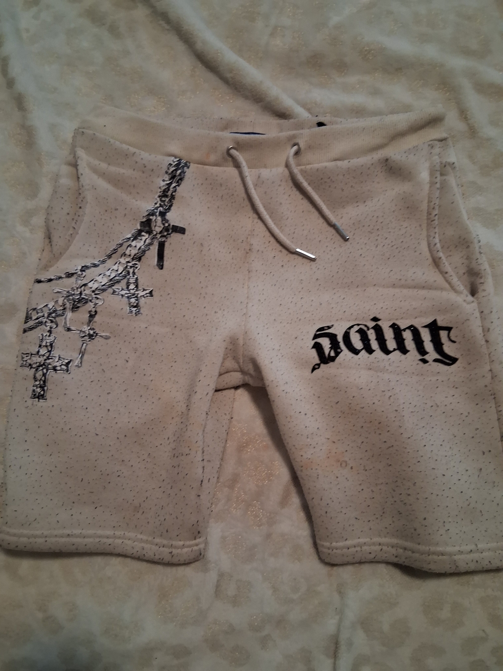 Fashion Nova Cream Drawstring Shorts with Black Cross Print